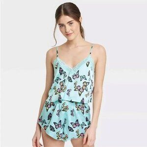 NEW Colsie Satin Butterfly Lace Trim Cropped V Neck Pajama Tank Top Size XL